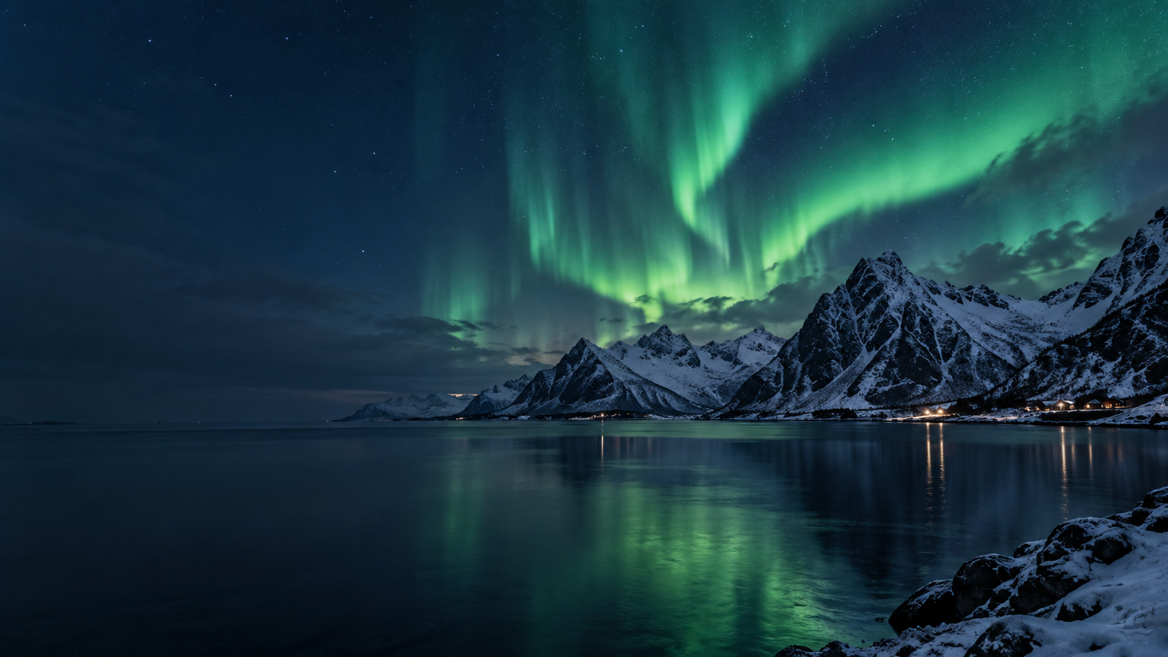 Northern Lights above snowy mountains and a fjord in Lofoten, Norway